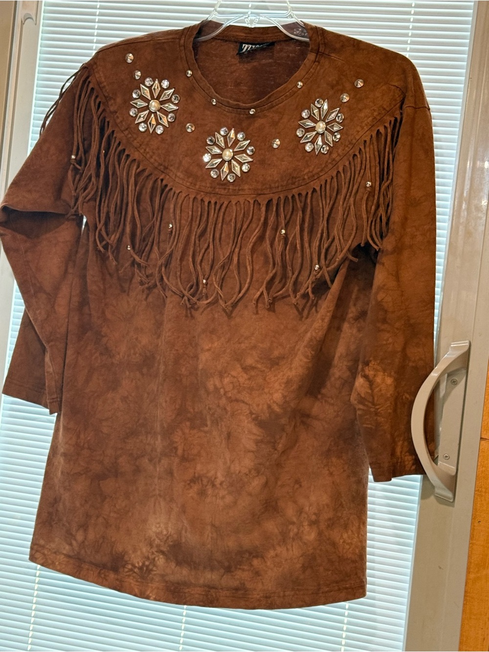 Brown Fringe Embellished Long-Sleeve Women's Top